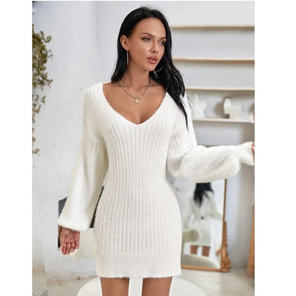 Fuzzy White Sweater Mini Dress Knit Long Lantern Sleeve - Picture 2 of 8